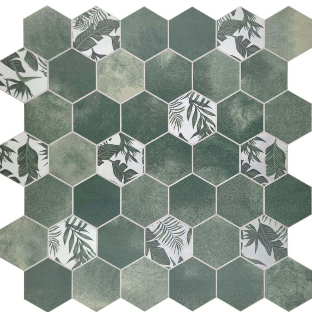 Tiles Plaza 10 Peel & Stk Green Hexagon Stone/Marble Look Wall Tile Sheets